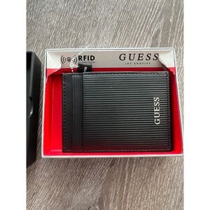Guess Wallet Men NS Black New RFID Blocking Ribbed Slim Card Case 31GO160016